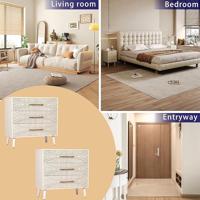 3 Drawer Dresser Set of 2, White Dresser for Bedroom, Chest of Drawers with Metal Handle, Including 2 Drawer Nightstand Set of 2 for Bedroom, Enterway, Texture White, 2 PCS