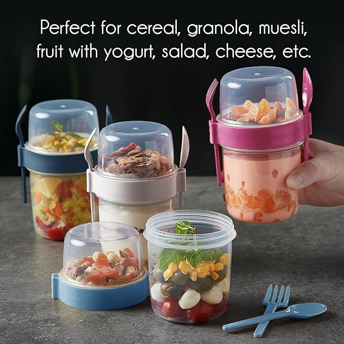 Crystalia Yogurt Parfait Cups with Lids, BPA FREE Reusable Yogurt Containers with Lids and Spoons, Take and Go Yogurt Cup with Topping Cereal or Oatmeal Container, Colorful Set of 4 (Large 22 oz)