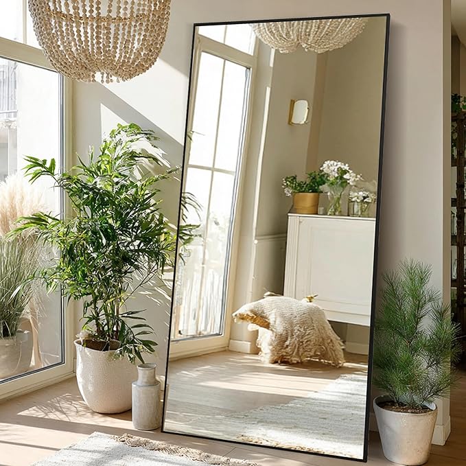 Beauty4U 79" x 39" Large Full Length Mirror with Stand, Metal Frame Black Wall Mounting Full Body Tempered Mirror for Living Room, Bedroom