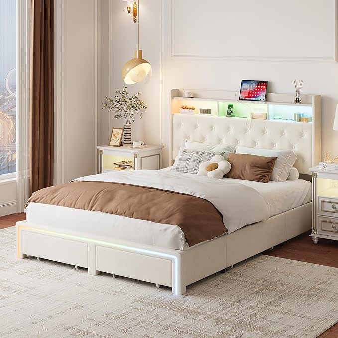 Full LED Bed Frame with Storage Headboard & Charging Station, Velvet Fabric Platform Bed Frames with 4 Drawers, Button Tufted Upholstered, No Box Spring Needed, Beige