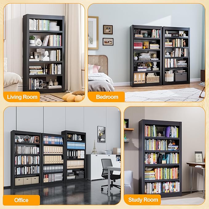 5 Tier Metal Bookshelf, 61" Tall Black Bookcase with Bookends, Adjustable Storage Shelves, Modern Book Case for Small Spaces, Living Room, Office, Bedroom, Kitchen, Bathroom