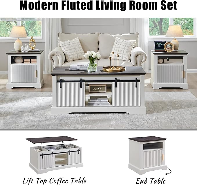 Fluted Nightstand with Charging Station, 22" Large Modern Side Table, Wood End Table w/Open Shelf & Spacious Tabletop, Bedside Table with Storage Space for Bedroom, Living Room (White)