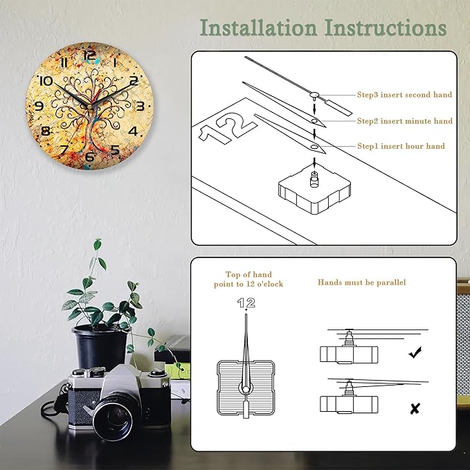 Vintage Wall Clocks Battery Operated,Life of Tree Clock for Living Room,Decorative Wall Clock for Living Room,Bedroom,Bathroom,Kitchen,10 Inch