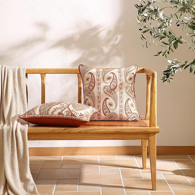 Design Linen Classic Vintage Throw Pillow Covers 18"x18" Pack of 2, Square Cushion Covers with Orange Yellow Paisley Style Pattern Decoration Pillowcases for Bed,Living Room,Outdoor,Car