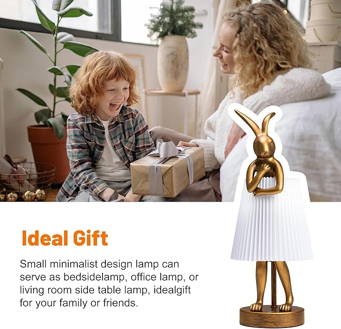 Rabbit Lamp, Bunny Desk Light with Pleated Shade, Big Face Novelty LED Night Light, Cordless Rechargeable Battery Operated, Whimsical Art Deco Home Office Decor Gift for Bedroom, Kids Room