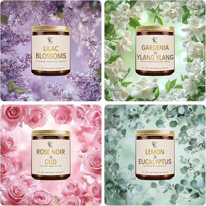 Scented Candles Gift Set, 4 Pack Birthday Candles for Home Scented, Aromatherapy Candles Set for Women Halloween Chirstmas Long Lasting Soy Wax Candles Non Toxic for Her, Rose/Lemon/Gardenia/Noir Oud