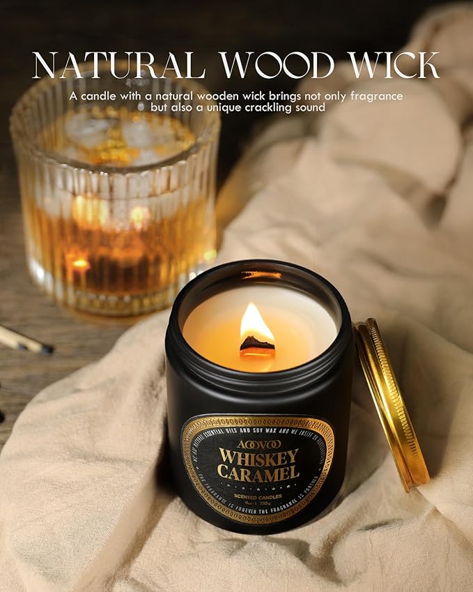 AOOVOO Scented Candles for Men - Premium Whiskey Caramel Candle for Home Scented | Crackling Wood Wick Soy Candles | Strong Fragranced Masculine Black Jar Candle Gift for Women & Men, AO-LZY0157