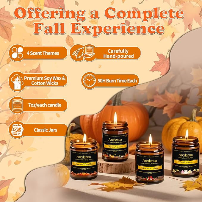 Fall Candle Set | 4 Pack Autumn Scented Candles for Home - Candle Fall Gifts for Women Men, Soy Candles for Home Scented - Autumn Scent of - Pumpkin/Cinnamon Apple/Harvest/Vanilla Cream