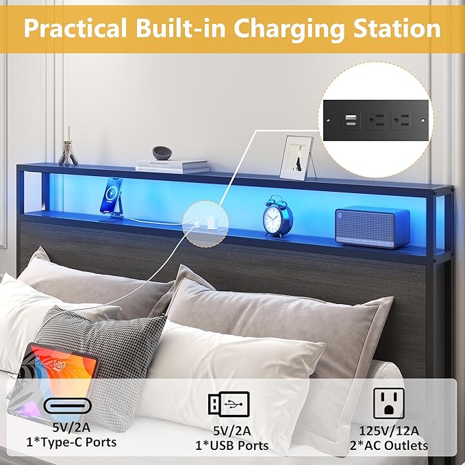 Lifezone Full Bed Frame with 2-Tier Storage Headboard, Metal Platform Bed Frame with 4 Storage Drawers, Built in Charging Station & LED, Noise-Free/Metal Support/No Box Spring Needed, Rustic Grey