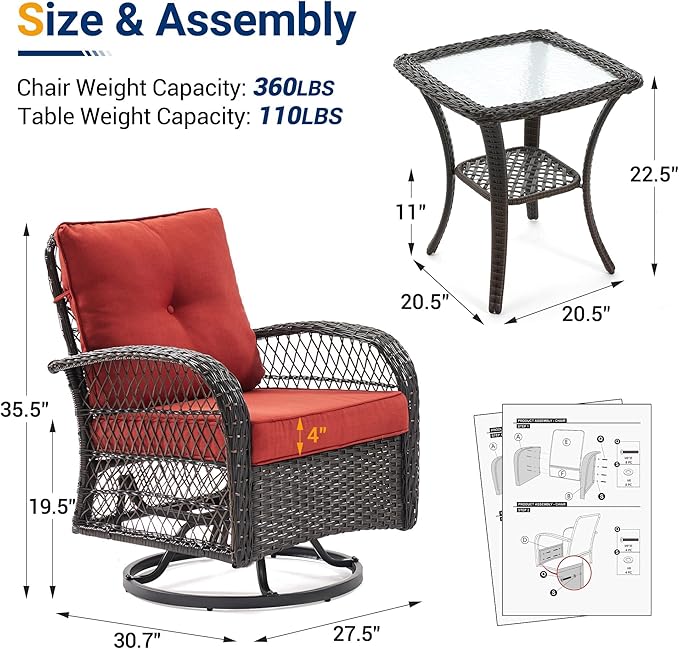 UDPATIO 3 Pieces Patio Furniture Set, Outdoor Swivel Rocker Patio Chairs Set of 2, All-Weather PE Wicker Glider Chairs with Thick Cushions and Glass Coffee Table,for Porch Deck Backyard Red