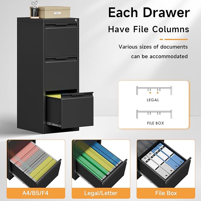 17.8" D File Cabinet, 3 Drawer Metal Filing Cabinets with Lock, Locking Vertical File Cabinet for Letter/Legal/A4/F4 Size, Easy Assemble (Black)