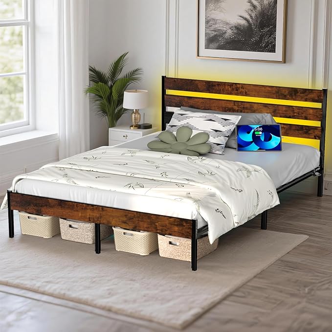 Full Size Bed Frame with Headboard,Heavy Duty LED Bed Frame with USB Charging Station,Mattress Foundation-Under Bed Storage, No Box Spring Needed, Noise Free,Brown