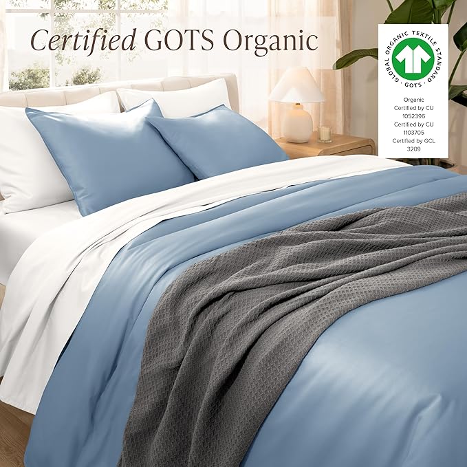 Bare Home 100% Organic Cotton Sateen Duvet Cover Set - 400 Thread Count - Smooth Sateen Weave - Warm & Luxurious - Duvet Cover (King/Cal King, Dusty Blue)