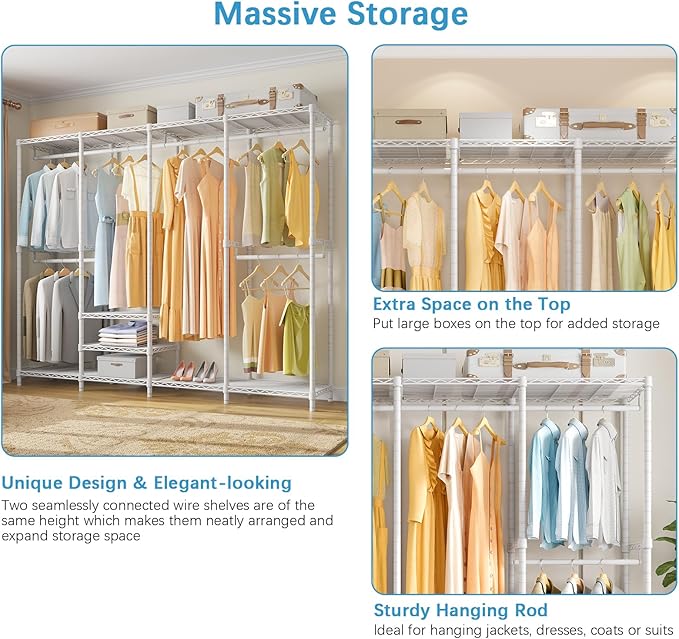 VIPEK V40 Wire Garment Rack Heavy Duty Clothes Racks for Hanging Clothes, Multi-Functional Bedroom Clothing Racks Freestanding Closet Wardrobe Rack, 76" L x 15.7" W x 76.4" H, Max Load 1110lbs, White