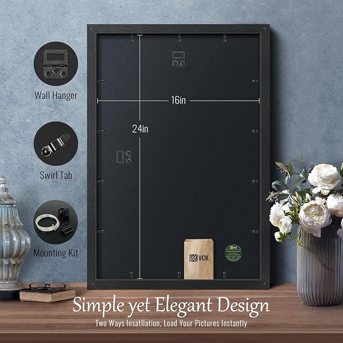 VCK 16x24 Poster Frame Set of 4 - Black, Gallery-Quality Wood Picture Frames, 1.1-Inch Wide Border, Polished Plexiglass, Vertical or Horizontal Wall Display for Photo/Art/Prints, Black