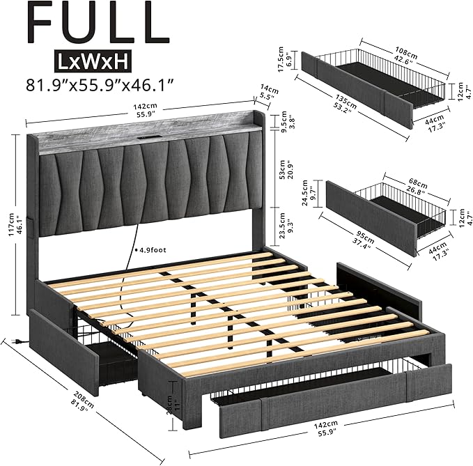ANCTOR Full Size Bed Frame with 3 Drawers, Upholstered Platform Bed with Storage Headboard and Charging Station, No Box Spring Needed, Easy Assembly, Grey