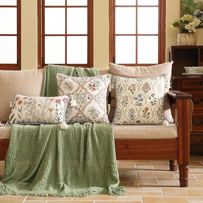 Design Linen Throw Pillow Covers 18"x18" Pack of 2, Square Farmhouse Cushion Covers with Red Pink Yellow Watercolor Wildflower Pattern Decor Pillowcases for Bed,Living Room,Outdoor,Car