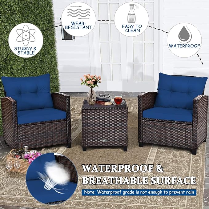 Tangkula 3 Pieces Patio Furniture Set, PE Rattan Wicker 3 Pcs Outdoor Sofa Set w/Washable Cushion and Tempered Glass Tabletop, Conversation Furniture for Garden Poolside Balcony (Blue)