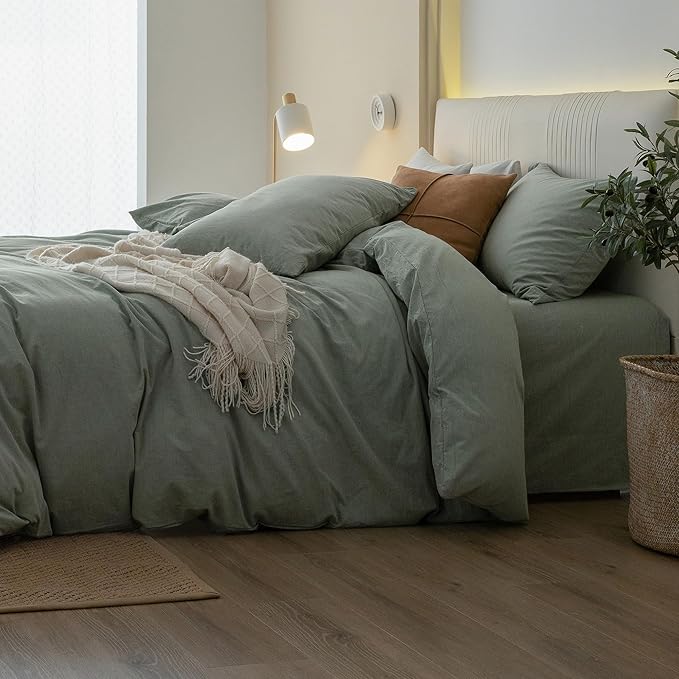 JIYUAN 100% Washed Cotton Duvet Cover Set 2 Pieces Twin, 1 Duvet Cover 68x90 Inches(Comforter Not Included) and 1 Pillowcases,Linen Feel Bedding Set Comfy and Breathable, Heathered Green