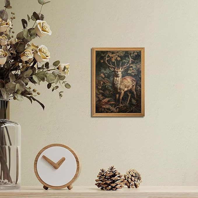 Framed 3D Textured Vintage Wall Art - Dark Academia Decor Sika Deer Hand Drawn Sandstone Paintings with Botanical Florals, Aesthetic Wall Decor for Living Room Bedroom Home 8x10 inch