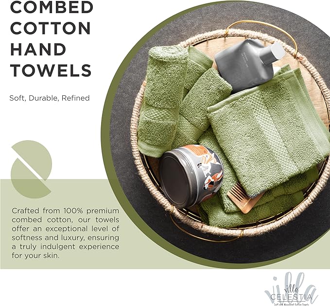 100% Cotton Hand Towel Set of 2, (16 x 28 inches) Sustainable, Soft, Highly Absorbent, Quick Drying, Combed Cotton Hand Towels Pack of 2 Ideal for Hotels, Spa, Bathroom, Dorm, Sage
