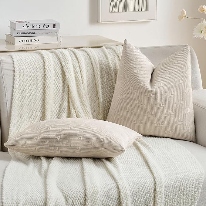FUTEI Beige Chenille Decorative Throw Pillow Covers 16x16 Inch Set of 2,Soft Cozy Striped Geometric Patterns Cushion Case,Modern Home Decor for Couch Bed Living Room