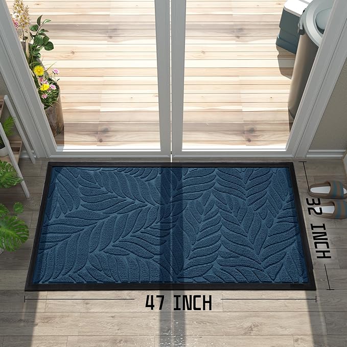 Yimobra Front Door Mat Outdoor Indoor, 47x32 All-Season Waterproof Welcome Mat, All-Weather Outside Entrance Mat, Non-Slip Patio Porch Doormat, Low Profile, Fade Resistant, Blue