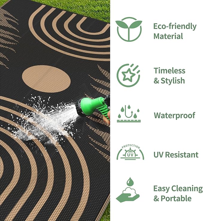 GENIMO Outdoor Rug 6' x 9' Waterproof for Patio Clearance, Reversible Plastic Straw Camping Carpet, Lightweight Rugs Mats for Rv, Backyard, Deck, Porch, Picnic, Balcony, Mix-Black & Brown