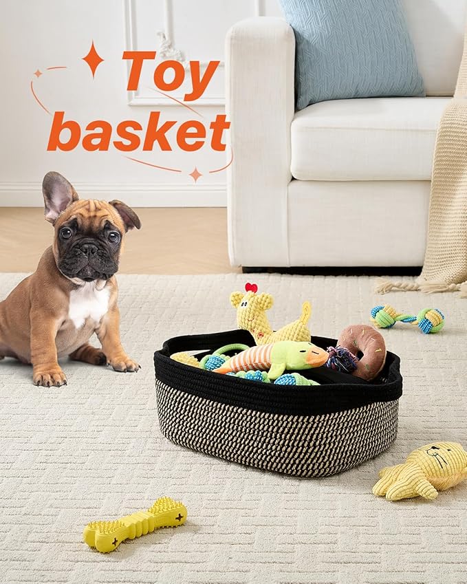 KALLAX Small Woven Basket, 14 x 10 x 5.6 Inches, Small Storage Baskets for Organizing, Gift Baskets Empty, Cute Rope Shelf Closet Storage Bins for Shelves, Dog Toy Basket, Black & Brown