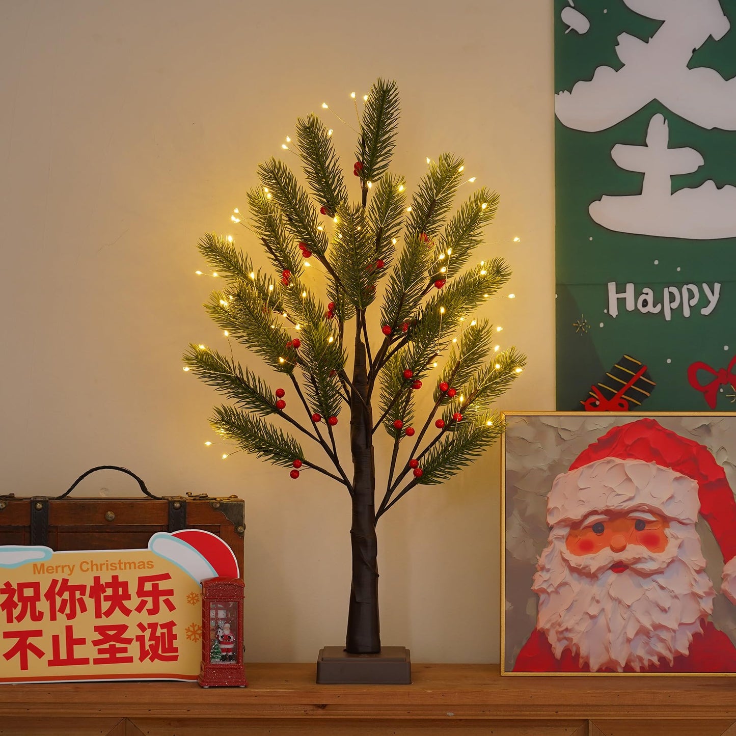 PXBNIUYA 72 LED Artificial Lamp with Timer, DIY Christmas Tree Lights, USB/Battery Powered Desktop Bonsai Tree Pine Needles, Fairy Light Spirit Tree for Indoor Table Home Wedding Bedroom-Warm White