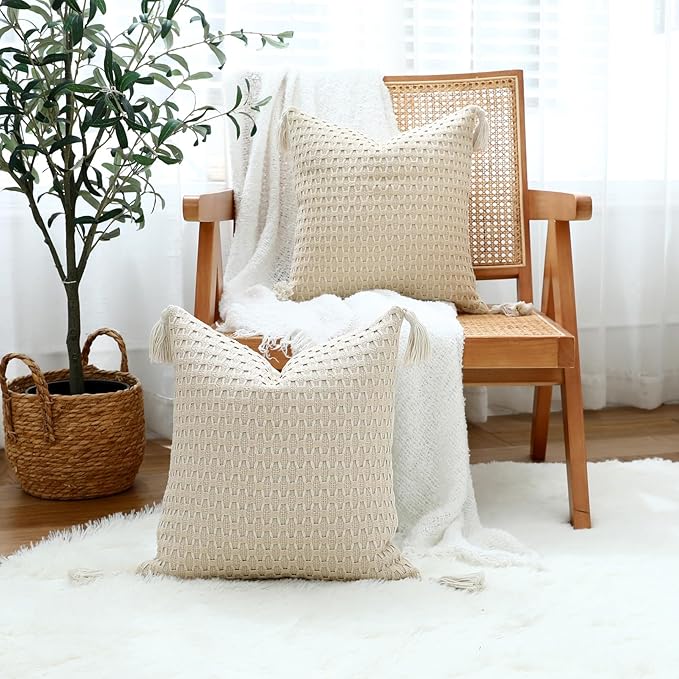 sykting Boho Outdoor Pillow Covers 18x18 Set of 2 Thick Woven Neutral Beige Throw Pillow Covers with Tassels for Couch Sofa Living Room