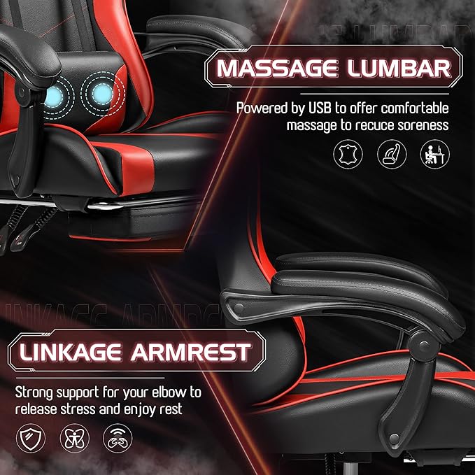 Homall Gaming Chair, Video Game Chair with Footrest and Massage Lumbar Support, Ergonomic Computer Chair Height Adjustable with Swivel Seat and Headrest (Red)