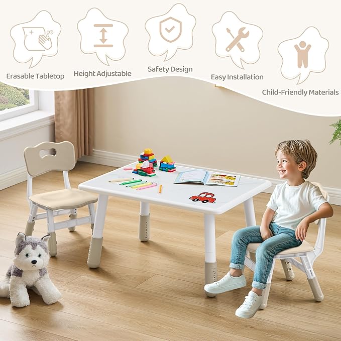 Toddler Table and 2 Chairs Set, Height Adjustable Kids Table and Chairs, 31.5''L x 23.6''W, Marble Pattern & Graffiti Desktop, Children Multi-Activity Table for Home/Daycare/Classroom