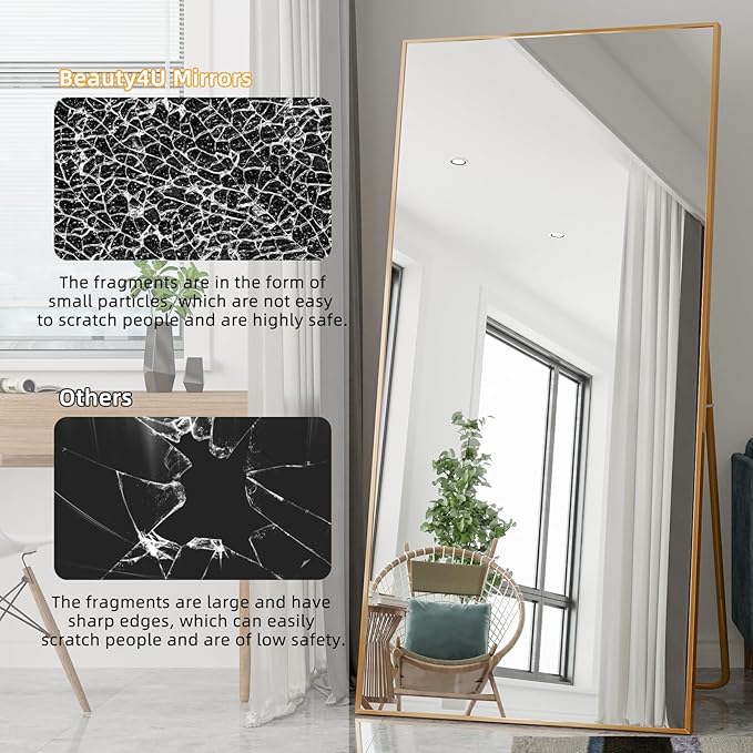 Beauty4U 79" x 39" Large Full Length Mirror with Stand, Metal Frame Gold Wall Mounting Full Body Tempered Mirror for Living Room, Bedroom