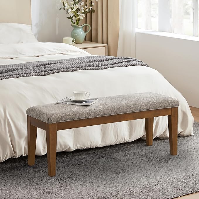 HUIMO Upholstered Entryway Bench, Bedroom Bench with Solid Wooden Legs, End of Bed Bench with Padded Seat for Living Room, Bedroom, Corners, Kitchen (Brown), 44*16*19, BEN1-2