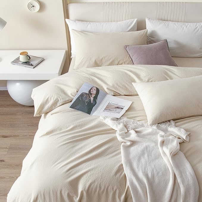 JIYUAN 100% Washed Cotton Duvet Cover Set 3 Pieces Oversized King, 1 Duvet Cover 120x98 Inches(Comforter Not Included) and 2 Pillowcases,Linen Feel Bedding Set Comfy and Breathable,Heathered Beige