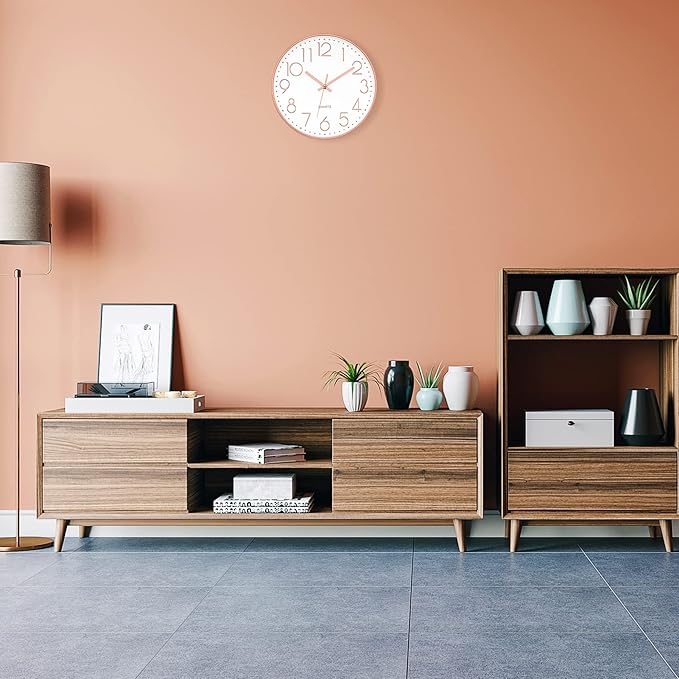 Foxtop Modern Wall Clock 12 Inch Non-Ticking Silent Battery Operated Round Quartz Rose Gold Wall Clock for Office Bedroom Living Room Kitchen Home School Decor
