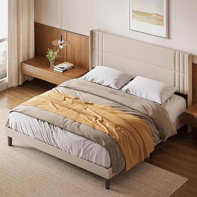 Gizoon King Bed Frame with Wingback Headboard, Upholstered Platform Bed with Modern Geometric Headboard, Wooden Slats, Noise-Free, No Box Spring Needed