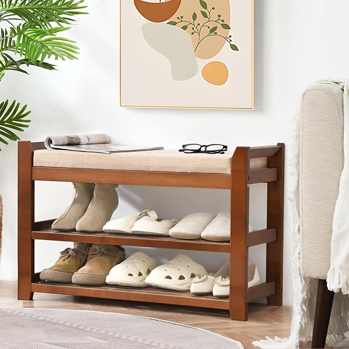 Shoe Rack Bench with Cushion, Shoe Rack for Front Door Entrance, Shoe Bench with Storage for Entryway Hallway Bedroom Living Room