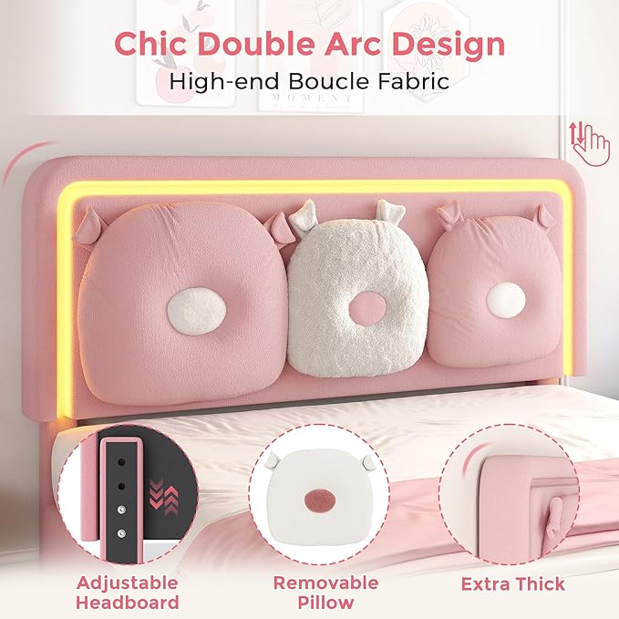 Full Size Upholstered Bed Frame with LED Lights, Girls Bed with Adjustable Chic Double Headboard, Boucle Princess Platform Bed for Girls, Solid Wood Slats Support, No Box Spring Needed, Pink