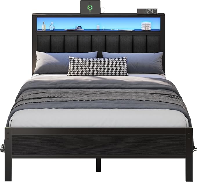 Furnulem Full Size Bed Frame with Charging Station and LED Lights, Platform Bed with Metal Slats, Grey Upholstered Headboard with 2-Tier Storage Shelves, No Box Spring Needed