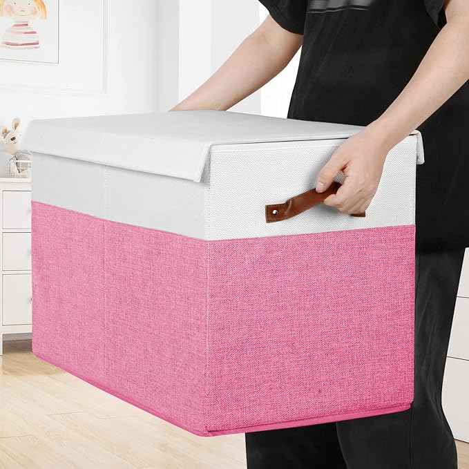 Large Toy Box with Lid, Sturdy Toy Storage Chest Bin Boxes Organizer Basket with Dividers for Toddlers, Kids, Boys, Girls, Nursery, Closet, Bedroom, Playroom 25"x13" x16" (Pink and White)