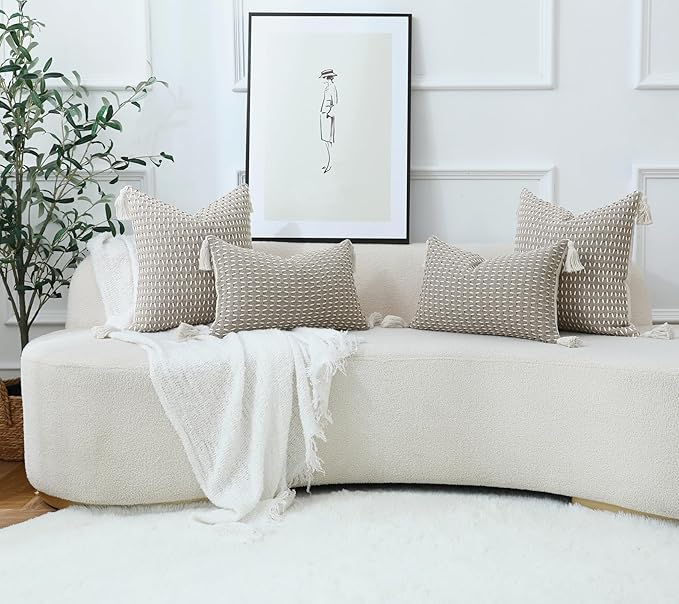 sykting Boho Outdoor Pillow Covers 18x18 Set of 2 Thick Woven Neutral Brown Throw Pillow Covers with Tassels for Couch Sofa Living Room