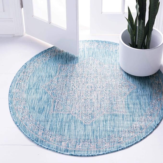 Unique Loom Outdoor Traditional Collection Area Rug - Antique (4' 1" Round, Light Aqua/ Gray)