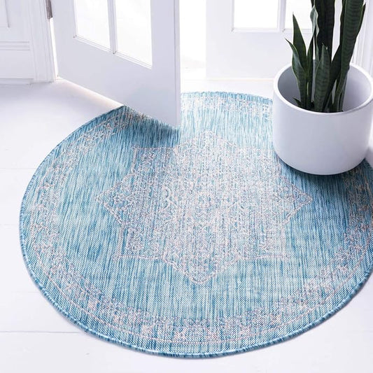Unique Loom Outdoor Traditional Collection Area Rug - Antique (4' 1" Round, Light Aqua/ Gray)