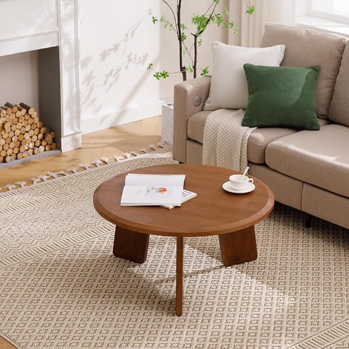 Modern Wood Coffee Table Small Desk Farmhouse Round Coffee Table Floor Table Couch Table Easy Assembly for Living Room/Office/Reception/Sofa Couch End, Walnut