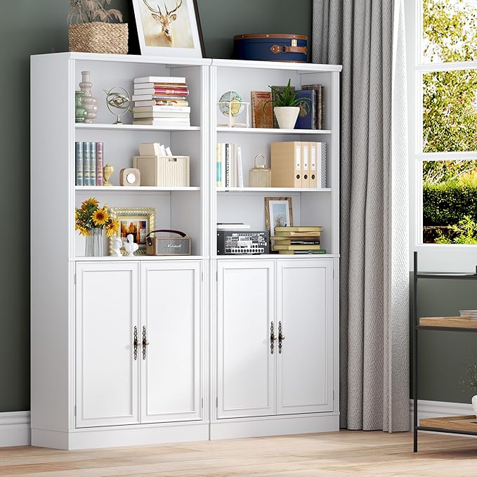 71.4" Tall Bookshelf with Cabinet, 5-Tier Floor Standing Bookcase with Doors & Adjustable Shelves, 31.5" Wide Storage Shelf, Metal Handles, Modern Organizer for Home Office, Living Room