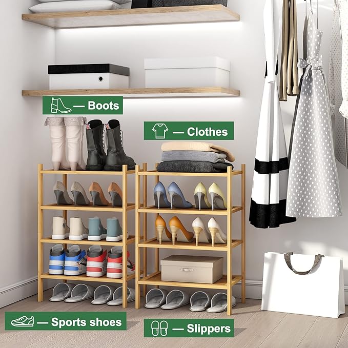 Small Shoe Rack, 4-Tier Bamboo Wood Shoe Rack for Entryway, Stackable Shoe Organizer for Hallway Closet, Free Standing Shoe Racks for Indoor & Outdoor