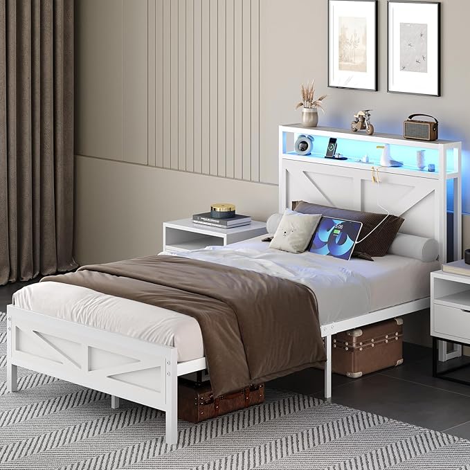 Twin Bed Frame with Charging Station and LED Lights, Twin Size Metal Platform Bed Frame with Storage and Rustic Barn Door Headboard, Heavy Duty Steel Slats Support, No Box Spring Needed, White