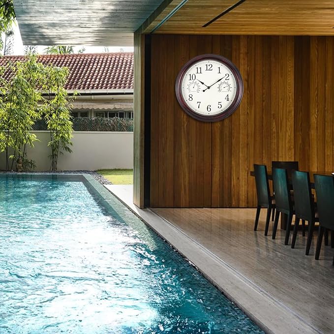 12 inch Outdoor Wall Clock, Plastic Waterproof Outdoor Clocks with Temperature & Humidity, Water Resistant Wall Clock for Patio Garden, Dark Brown